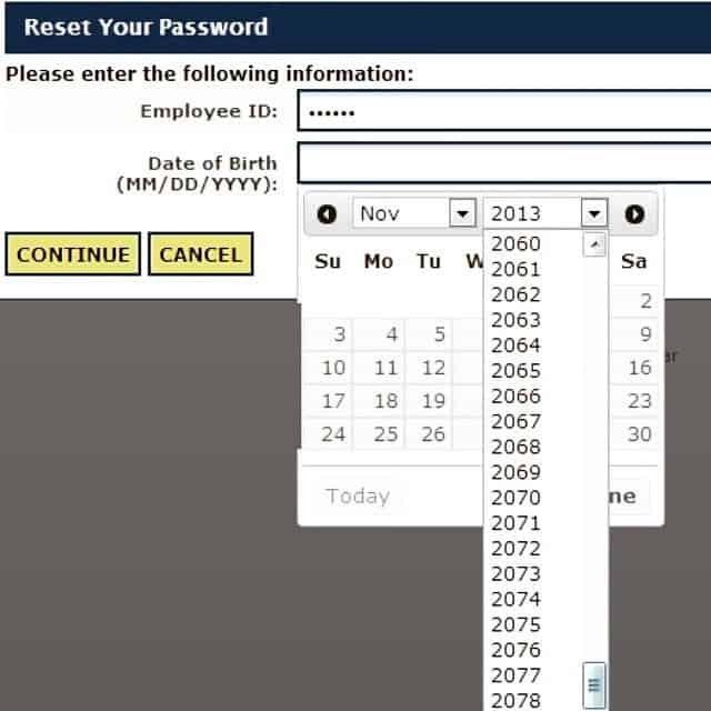 Screenshot of a UI with a date picker. The option for date of birth includes a dropdown menu for year, going all the way up to 2078!