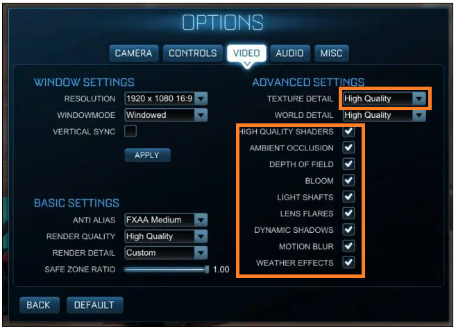 The video menu of Rocket League. The Texture Detail dropdown is shown as “High Quality”, and another rectangle shows all of the checkboxes below that are affected as a result (such as high quality shaders, depth of field, lens flares, and more).