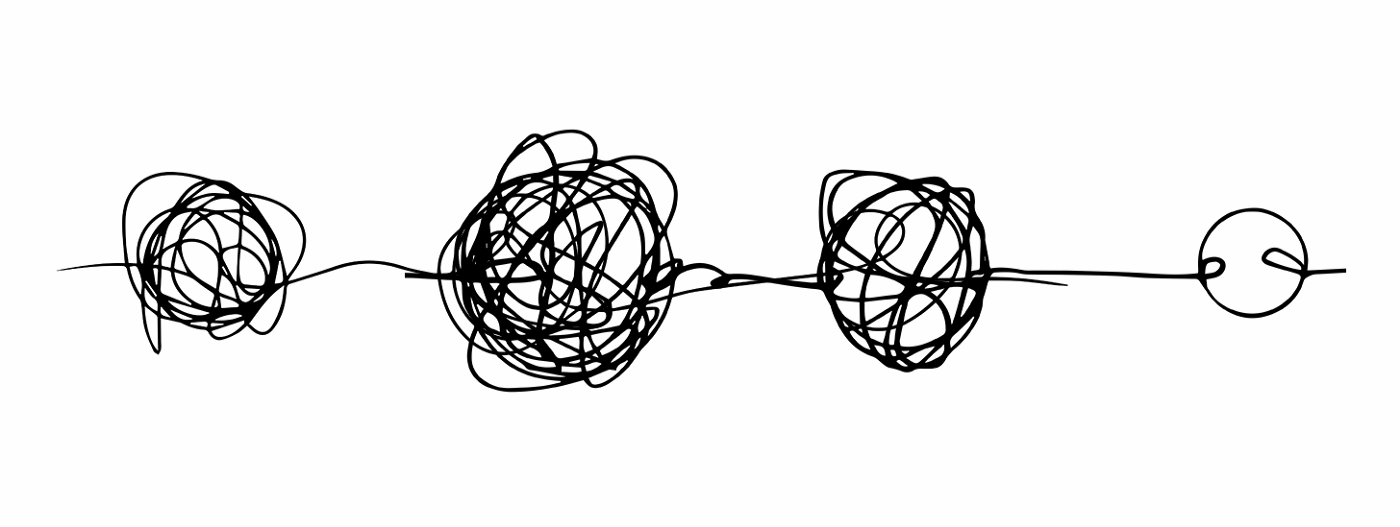 scribbles of four messy balls with a string combining them depicting four chaotic models