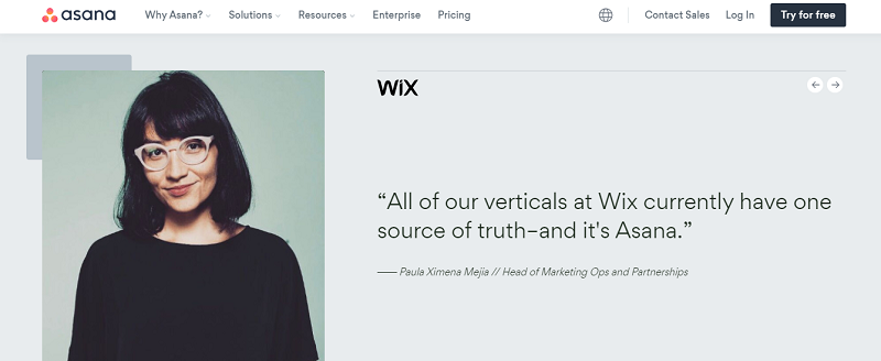Asana website shows a testimonial from one of their clients (Wix)