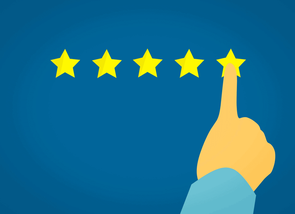 Illustration of five stars in a row. A hand is pointing at the fifth star.