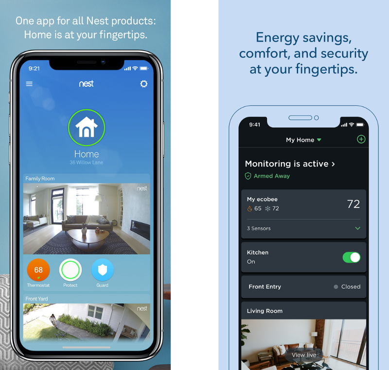 Side-by-side comparison of the Nest and ecobee home screens